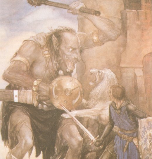 Yvain (Owain) und der Löwe gegen einen Riesen