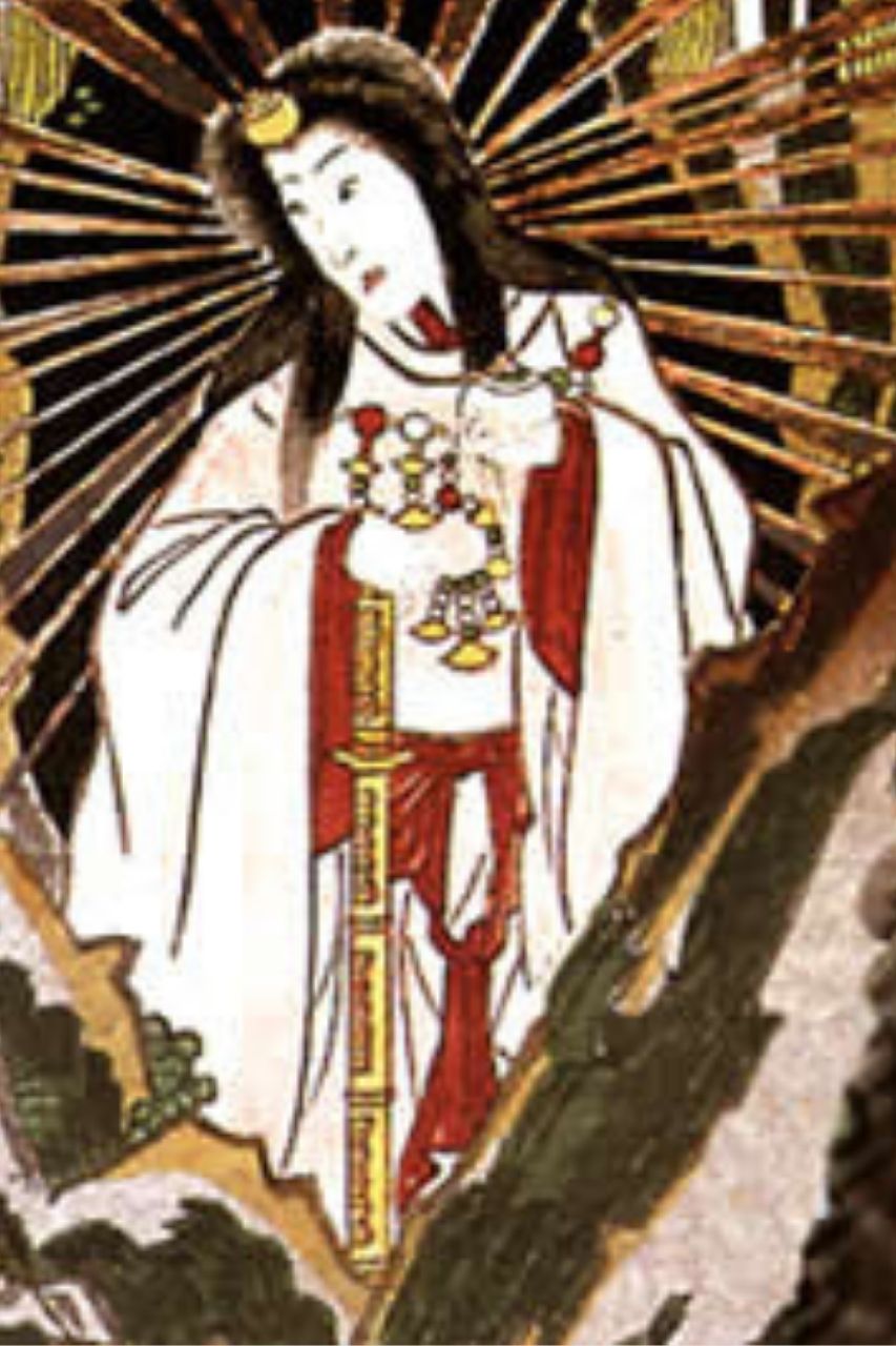 Amaterasu die Sonnengöttin Holzschnitt