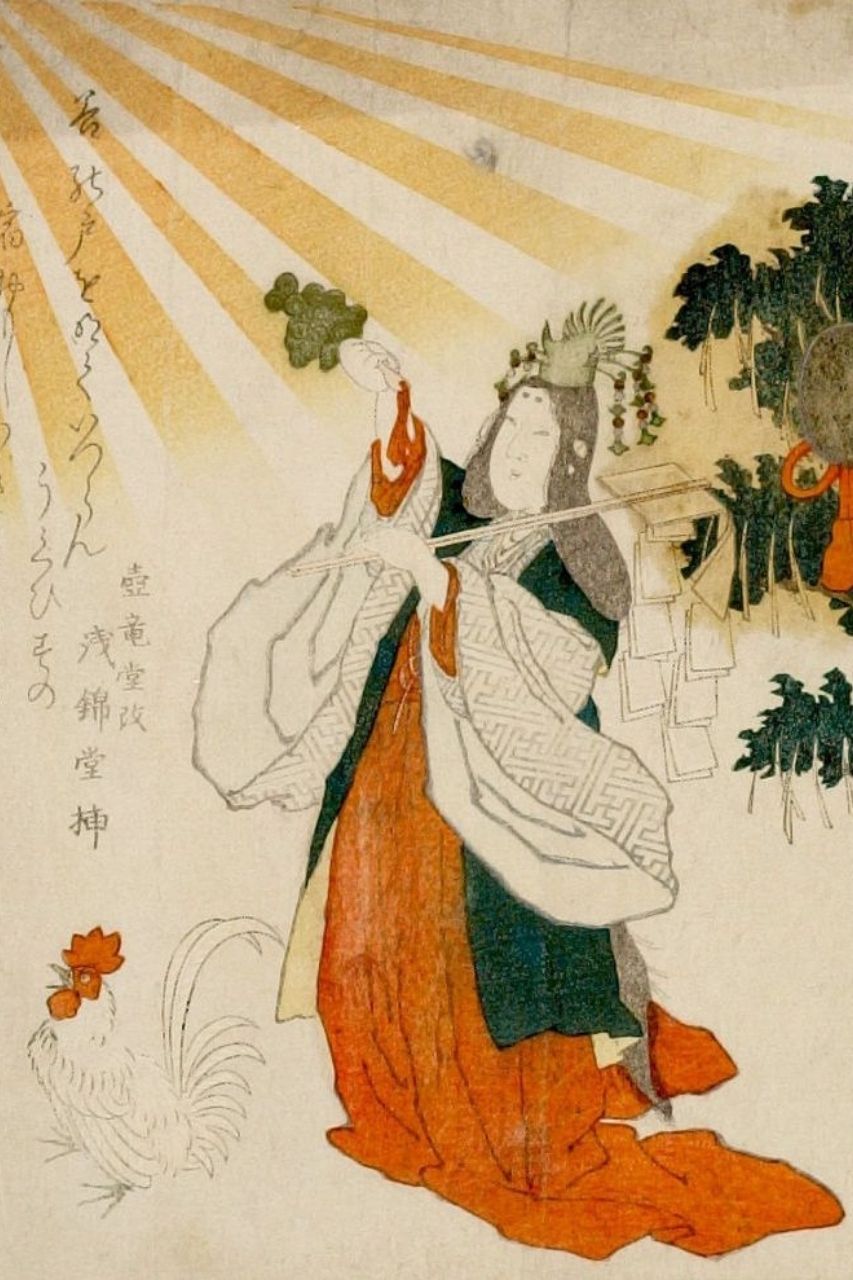 Die Göttin Uzume mit Hahn und Spiegel
