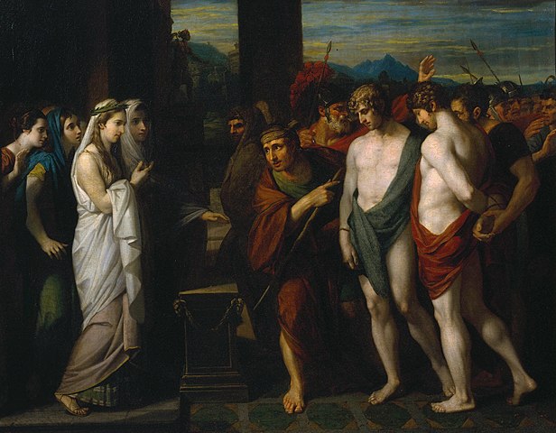 Pylades und Orestes als Opfer vor Iphigenie geführt – Klassizistisches Gemälde