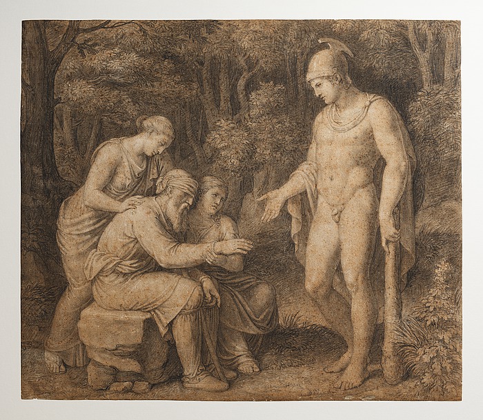 Illustration von Ödipus, der dem Schicksal in Kolonos begegnet