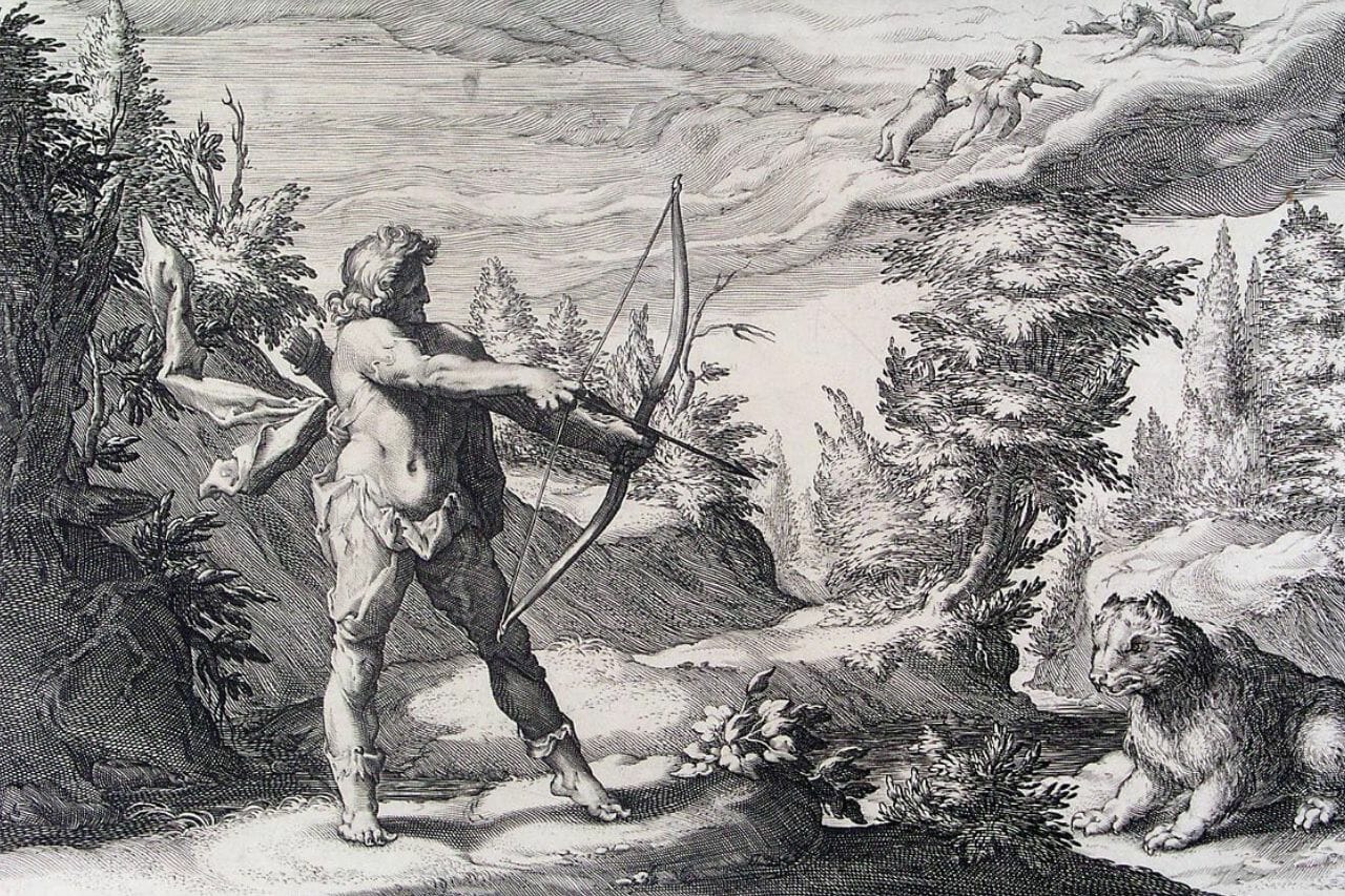 Arkas is about to kill his bear mother Kallisto in Greek mythology