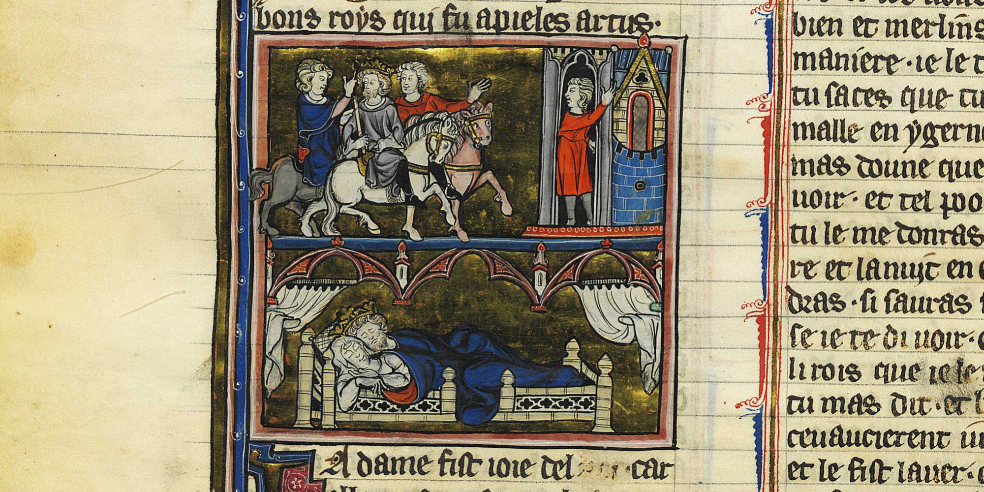 Dreizehntes Jahrhundert: Handschrift des Prosa-<i>Merlin</i>, aus Robert de Borons <i>Merlin</i>-Gedicht, Darstellung von Uther zusammen mit Igerna in der Nacht von Gorlois' Tod