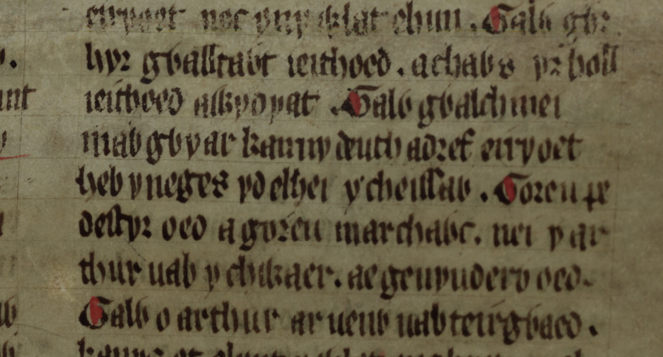<i>Culhwch und Olwen</i>, Folio 203r, zeigt die Zeile, in der offenbart wird, dass Gywar, die Mutter von Gwalchmai, die Schwester von Artus ist