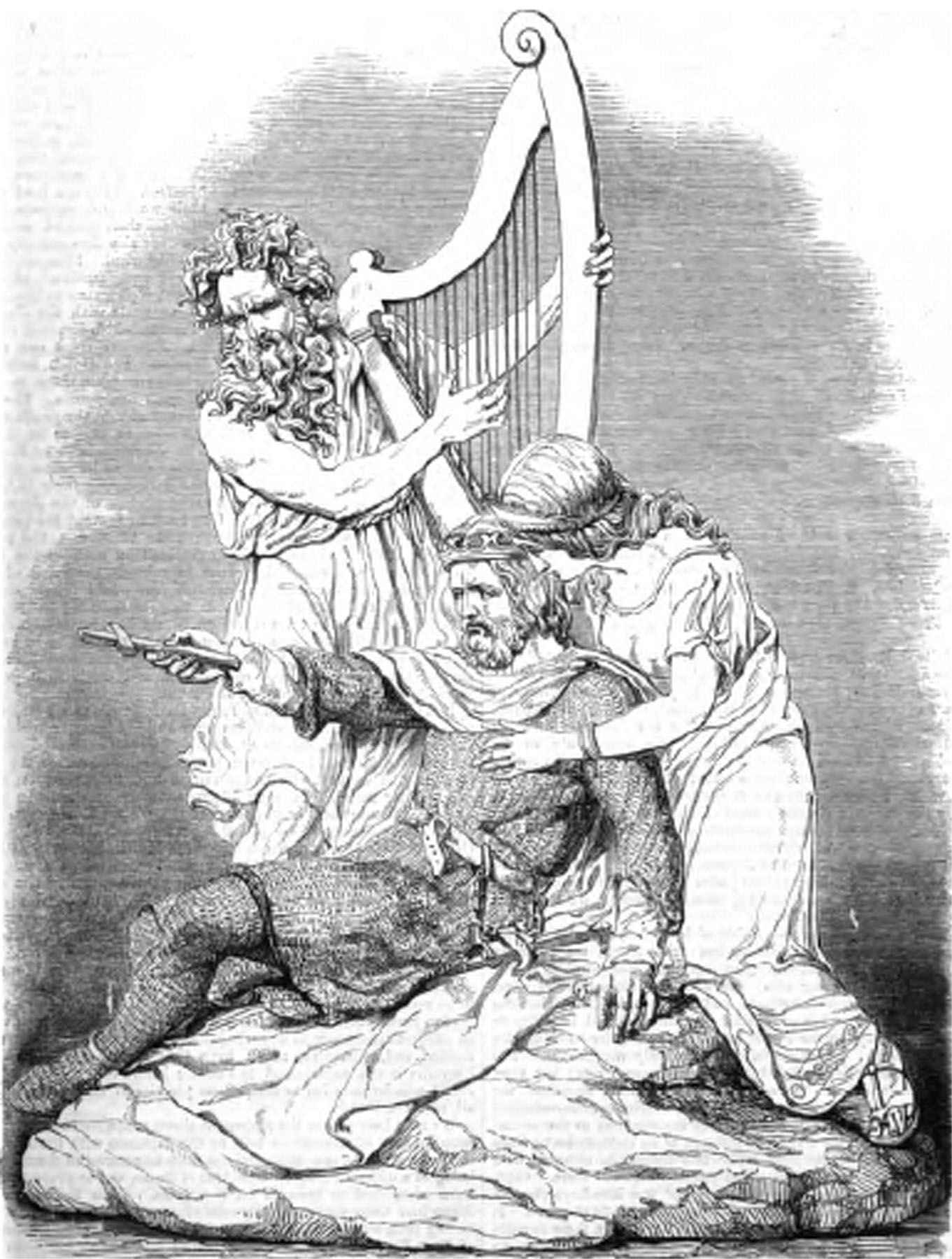 Der Tod Tewdrig, Zeichnung einer Skulptur von J. Evan Thomas, 1852