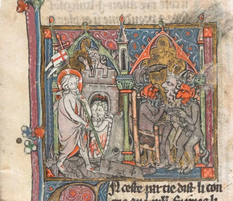 Darstellung des Hintergrunds der Geburt Merlins in einer Vulgata-Zyklus-Handschrift von 1316, British Museum, London