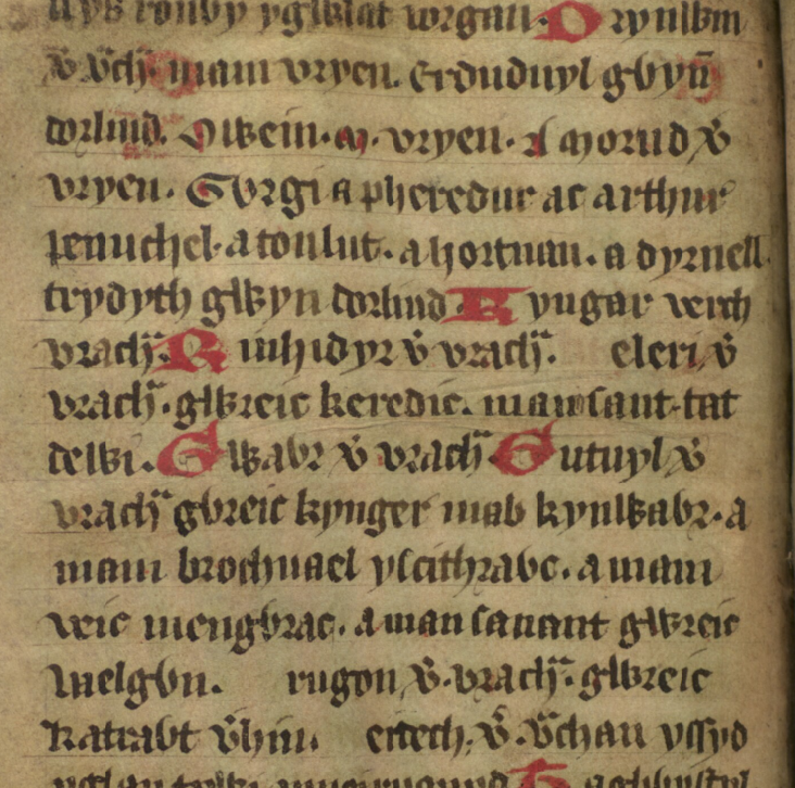 Ansicht von <i>Jesus College MS 20</i> Folio 33v, auf der Brychans Name mehrfach als 'Vrach' erscheint, beispielsweise am Beginn der Zeilen sieben, acht und zehn