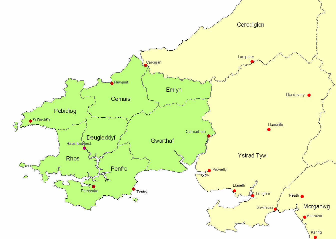 Karte des mittelalterlichen Königreichs Dyfed in Süd-Wales, wo Budic III. im Exil lebte