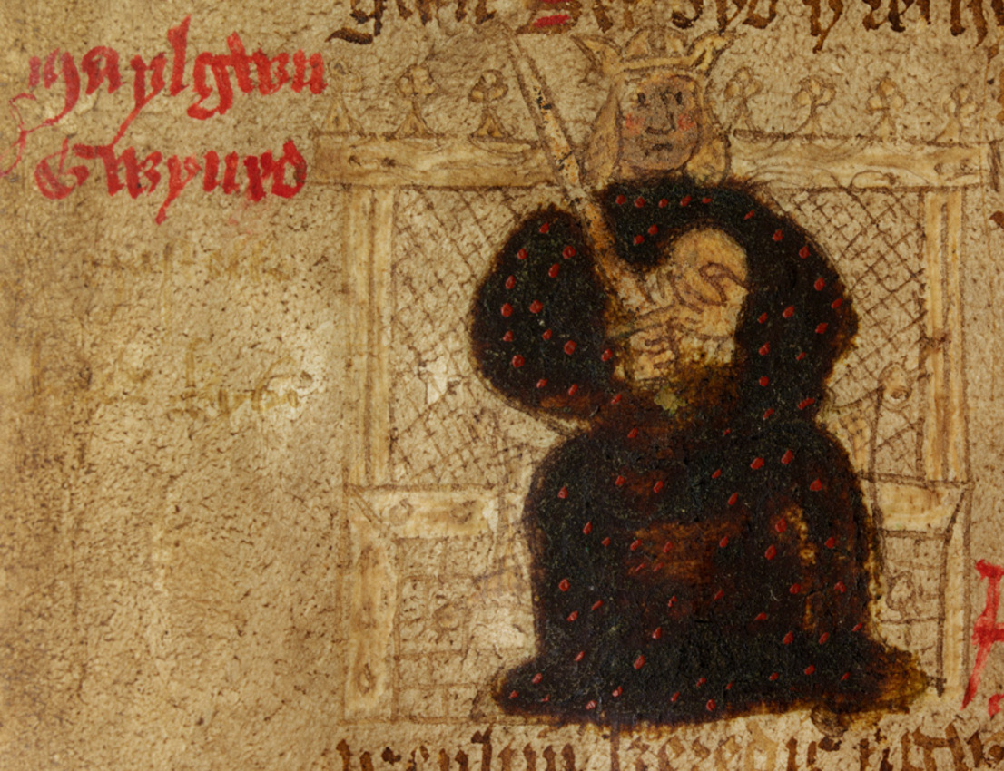 Darstellung von Maelgwn Gwynedd, König im Britannien der Dunklen Jahrhunderte, aus <i>Brut Y Brenhinedd</i>, 15. Jahrhundert, Wales