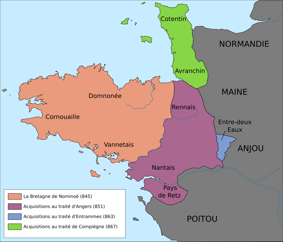 Karte der Bretagne im neunten Jahrhundert mit der Lage von Cornouaille. Wikimedia, CC-BY 3.0