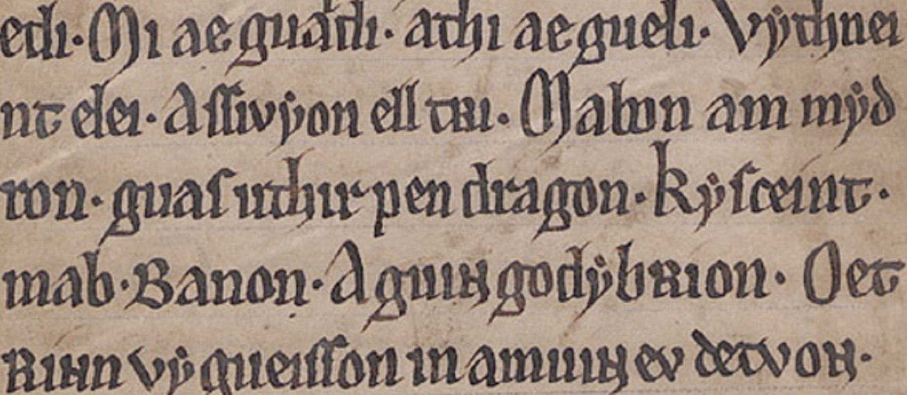 MS Peniarth 1, Folio 47r, mit der Erwähnung von ‚uthir pen dragon' im Gedicht <i>Pa Gur</i>.