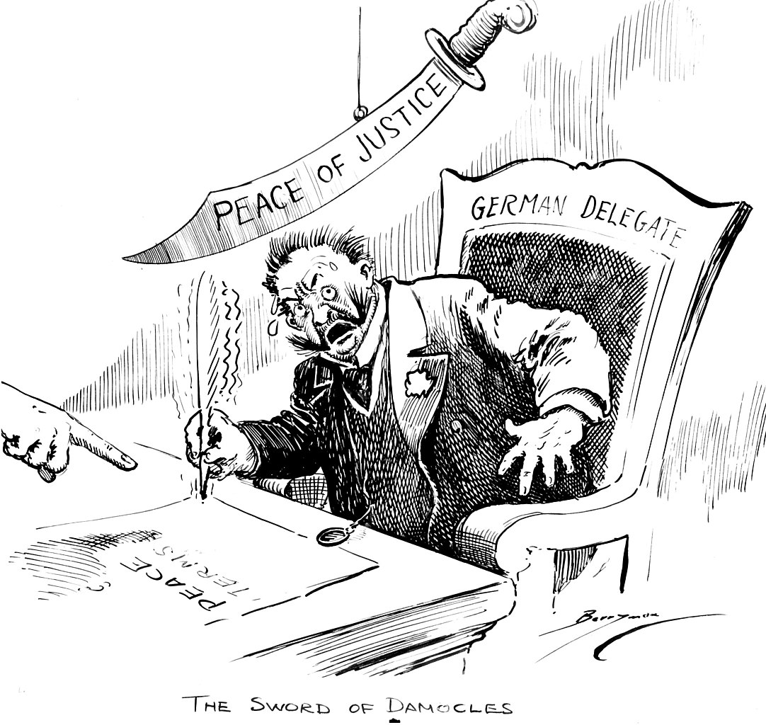 olitical cartoon depicting a modern use of the expression 'Sword of Damocles', 1919