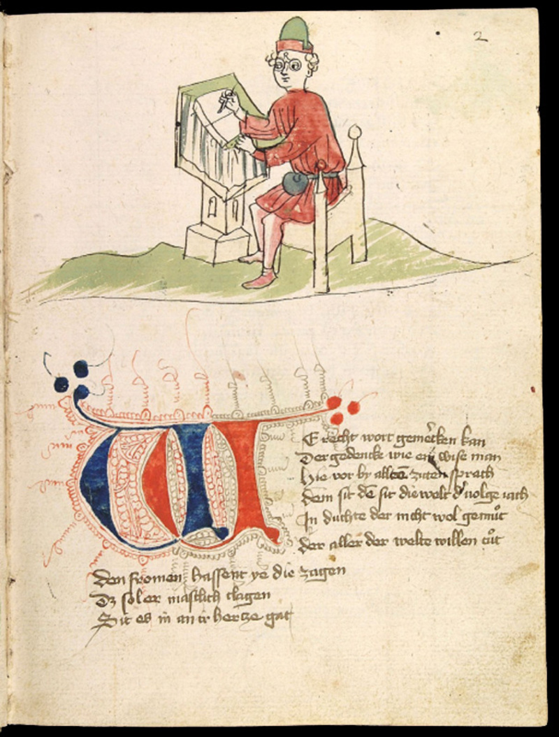 Darstellung von Ulrich von Zatzikhoven und den Eröffnungsversen seines <i>Lanzelet</i>, aus dem Codex Palatinus Germanicus 371, 1420
